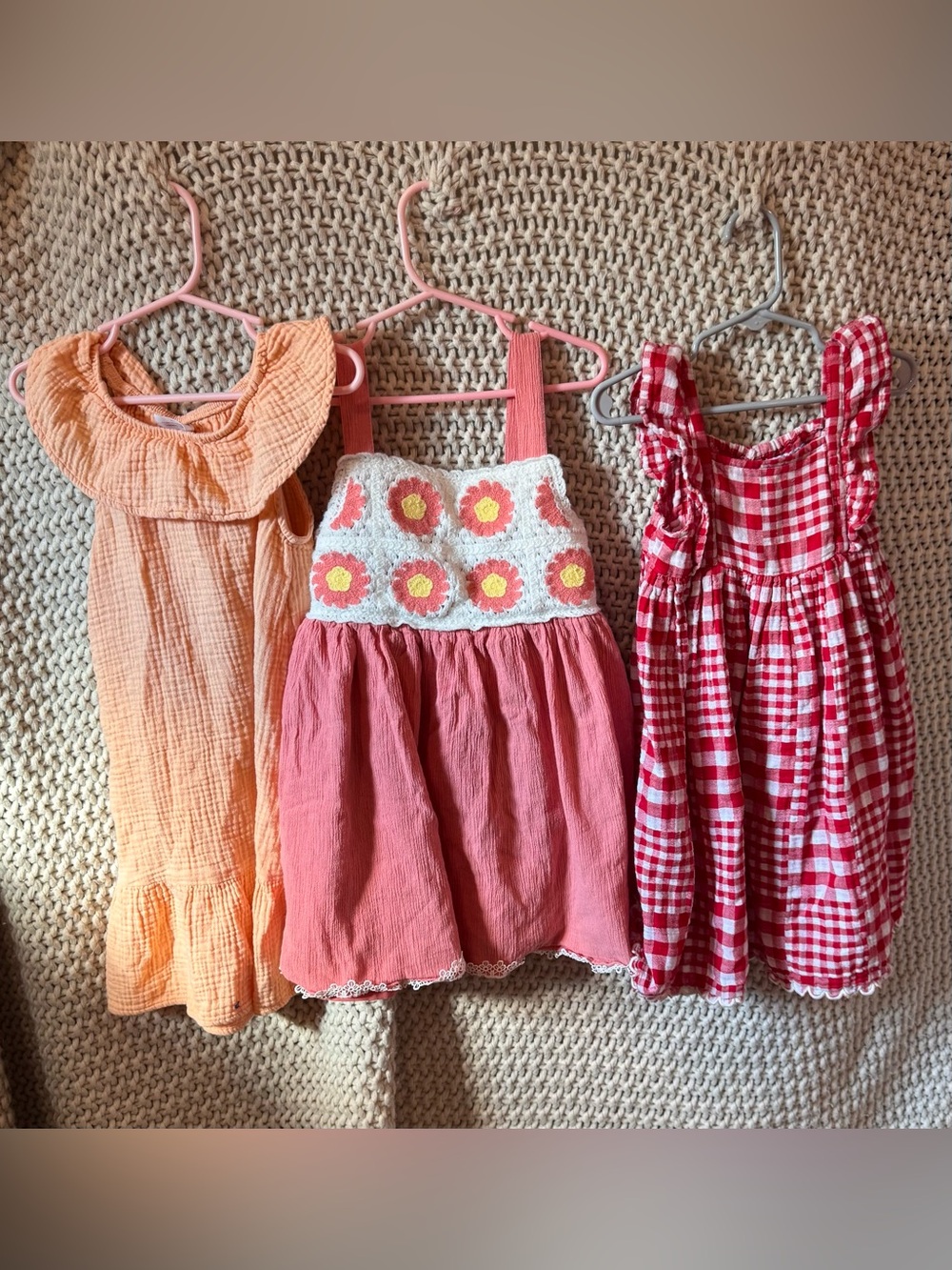 Girls Pink Crochet-Top Floral, Red Plaid, Orangesicle Sundress